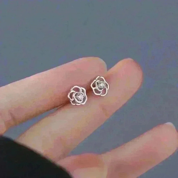 Dainty Small Sterling Silver 925 Rose Stud Earrings with Sparkling Center Stone - Picture 3 of 6